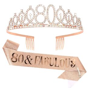 Semato 80th Birthday Decorations for Women Gold 80th Birthday Crown and Sash Gifts for Women Party Supplies and Favors