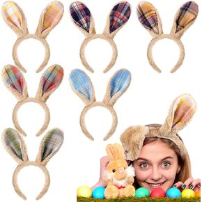6 Pcs Easter Bunny Ears Headbands Rabbit Ear Headband Plaid Bunny Headband Hair Accessories One Size for Women Adult Easter Party Decoration Brown