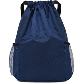 Large Drawstring Backpack, Waterproof Drawstring Bag Sports Gym Bag Wide Shoulder Strap String Backpacks Bag with Mesh Pockets and Built-in Zipper Pocket-Dark Blue, Large: 49*39*18cm