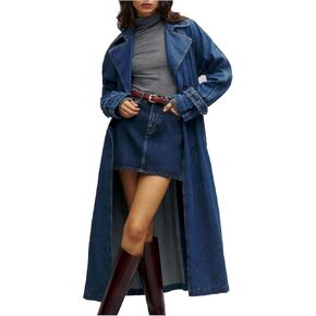 Women's Denim Trench Coat Double Breasted Jean Midi Overcoat Classic Lapel Long Jackets With Belt