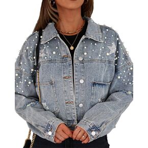 Women Denim Distressed Jacket Casual Star Embellished Denim Jacket with Pockets