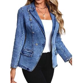 Flamingals Elegant Long Sleeve Flap Decor Lapel Collar Jeans Jacket Double Breasted Wash Denim Blazer