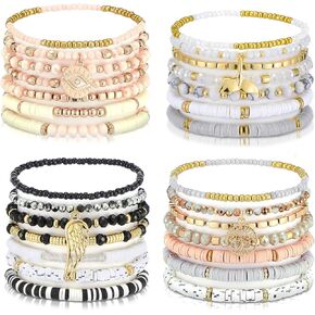 Yaomiao 28 Pcs 4 Set Bohemian Bracelets for Women Summer Beach Stackable Heishi Surfer Bracelet Set Elastic Gold Beaded Boho Friendship Bracelets for Summer Party Holiday Vacation Jewelry Gift