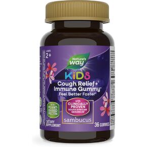 Nature's Way Sambucus Kids Cough Relief +(1) Gummy Immune*، تشعر بشكل أفضل (1) ، أثبتت سريريًا في جنوب إفريقيا إبرة الراعي ، مع Elderberry ، Vitamin C & Zinc ، خالية من الغلوتين ، نباتي ، 36 Gummies