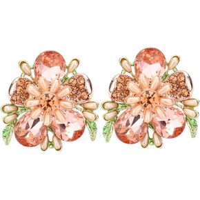 Rosemarie & Jubalee Women's Stunning Crystal Teardrop And Pave Petals With Simulated Pearl Statement Flower Clip On Style Earrings, 1.75"