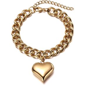 Stainless Steel Statement Chunky Big Puffy Heart Charms Bracelet for Women Thick Statement Chain Link Bracelets for Lover