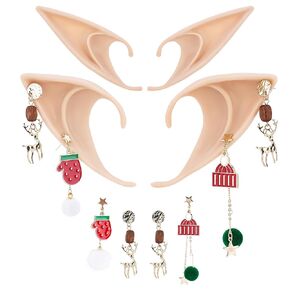 FRESHME Elf Ears with Piercings Set, 2 Pairs Soft Fairy Pixie Ears with Stars Red Bow Tassels Dangle Earrings Pierced Ear Cuffs Clips for Women Cosplay New Year Costume Accessories