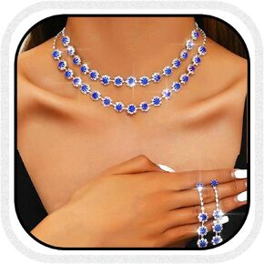 Aukmla Rhinestones Bridal Wedding Jewelry Sets Crystal Layered Choker Necklace Earrings Set Prom Formal Jewelry for Women