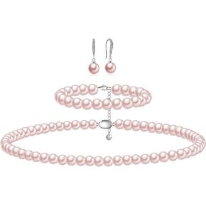 Pearl Necklaces for Women Men - 8mm Round Pearl Jewelry Set Includes White Pearls Bracelet and Earrings Girlfriend Her Mothers Day Gifts for Mom Women Wedding Birthday Anniversary Christmas Gifts