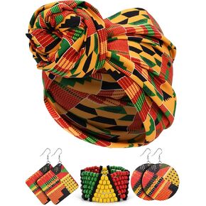 4 قطع المجوهرات الأفريقية مجموعات Kente Cloth وشاح التاريخ الأسود الشهر الزينة ملابس الأقراط أفريقيا الأقراط العمامة سوار Junetestenh chasta rasta للنساء