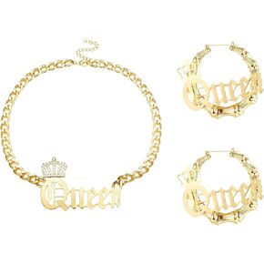 3 PCS 90S Jewelry for Women Gold Plated Queen Necklace and Bamboo Hoop Encling arring orging styp styporities for women's party plus size fashion