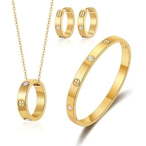 Love Bracelet Earring Necklace Set for Women 18K Gold Plated Trendy Stainless Steel Luxury Love Hoop Earring Bangle Pendant Jewelry Set