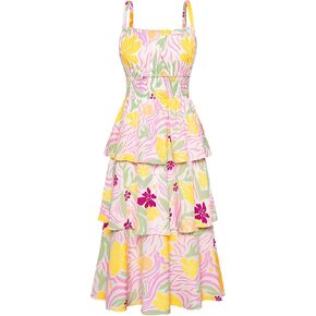 GRACE KARIN Women Summer Maxi Dress Floral Sleeveless Smocked Tiered Ruffle Spaghetti Strap Boho A Line Flowy Beach Sundress