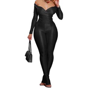 Womens Sexy 2 Piece Outfits Off Shoulder Deep V Neck Tops Slit Hem Flare Pants Sparkly Jumpsuit Set Clubwear