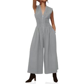 Cicy Bell Womens V Neck Casual Dressy Jumpsuits Smocked Zip Up Sleeveless Wide Leg Jumpsuit Summer Teacher Work Outfit