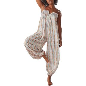 Owl's-Yard Women 's Loose Sleeveles Jumpsuits Retro Floral Print Adjustable Spaghetti Strap Baggy Long Pant Romper Jumpsuit in Kuwait