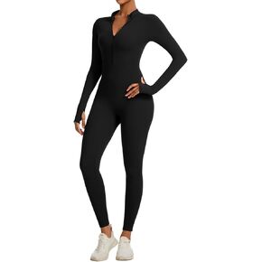 speerise Women Long Sleeve Bodycon Romper Bodysuit Jumpsuit Zip Front Tummy Control Slimming Yoga Fitness Workout Wear
