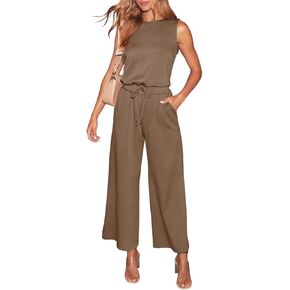 LEEDYA Womens Jumpsuits Dressy Summer Sleeveless Crewneck One Piece Jumpsuit Casual Wide Leg Long Pants Rompers 2025
