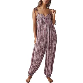 Owl's-Yard Women 's Loose Sleeveles Jumpsuits Retro Floral Print Adjustable Spaghetti Strap Baggy Long Pant Romper Jumpsuit