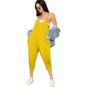 Women Spaghetti Strap Jumpsuits Summer Casual Sleeveless V Neck Thin Shoulder Strap Adjustable Jumpsuit with Pockets