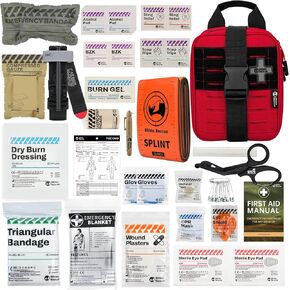 Rhino Rescue IFAK TRAUMA KIT مع C-A-T TROUTREIQUET لرعاية الجروح ، وجملة الإسعافات الأولية التكتيكية ، حقيبة MOLLE للجيش ، القتال ، السيارات ، التخييم ، المشي لمسافات طويلة ، سفر FSA HSA مؤهلة (أحمر)