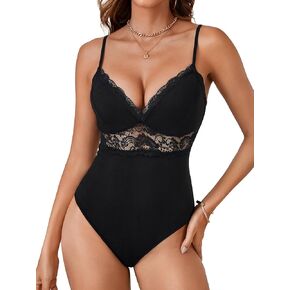 LYANER Women's Floral Lace Deep V Neck Bodysuit Sheer Mesh Spaghetti Strap Cami Tops Leotard