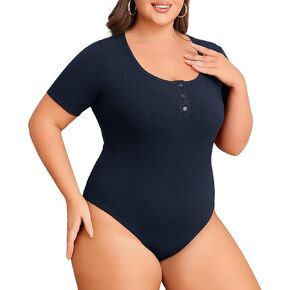 Lastshe Plus Size Bodysuits for Women Button Down Henley Slim Fit Shirts Casual Short Sleeve Stretchy Body Suit Tops