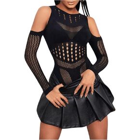 Women's Sexy Cut Out Bodysuit Cold Shoulder Mesh Bodysuit Tops Hollow Out Long Sleeve Slim Fit Rave Shirt Top