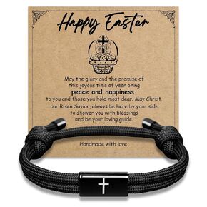 Boys Easter Basket Stuffers, Teen Boys Easter Gifts Black Cross Bracelet for Men with Delicate Card, Mens Cross Jewelry Meaningful Christian Basket Stuffers for Son Grandson