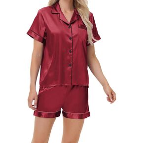 Women's Short Satin Silk Pajama Set 2-Piece Classic Button Down Sleepwear Loungewear