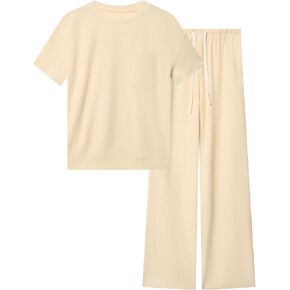 difficort Womens 2 Piece Outfits Short Sleeve Lounge Sets Wide Leg Workout Sets Loungewear Tracksuits with Pockets