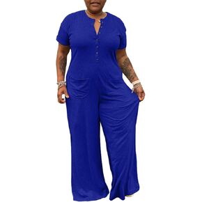 Sexyshine Women's Casual Plus Size Jumpsuits Short Sleeve Button-Down V Neck Loose Wide Leg Long Pants Rompers Overalls