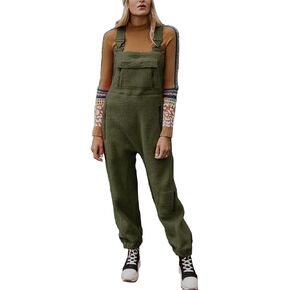yoeasy Women's Warm Fleece Fuzzy Overalls Sleeveless Winter Loose Adjustable Strap Bib Jumpsuits With Pockets
