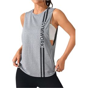 OYOANGLE Women's Letter Graphic Print Workout Tank Top Sleeveless Sports Shirts Running Gym Tops