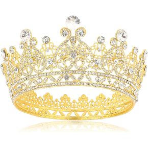 Princess Crown Gold Royal Tiara for Women Full Round Crown Cake Topper Elegant Hair Accessories for Prom Wedding Birthday Party Favors Pageant