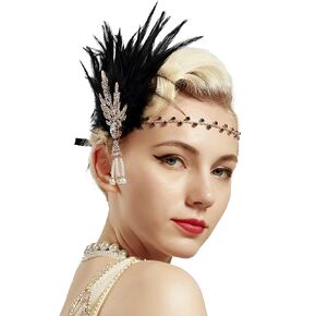 BABEYOND Art Deco 1920's Flapper Great Gatsby Inspired Leaf Medallion Pearl Headband Black Feather