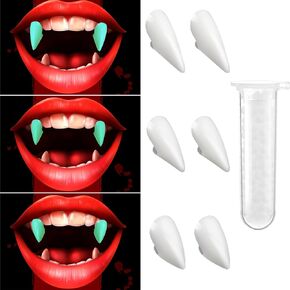 3 Pack Glow in The Dark Vampire Fangs Fake Teeth with Adhesive Tooth Kits, Halloween Zombie Costume Cosplay Accessories Party Prop Decoration in 3 Sizes for Kids and Adults