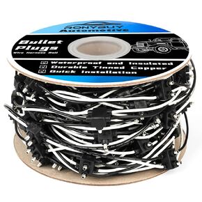 150x 2 Wire Pigtail Double Male Bullet Plugs Roll, 20G 2 Prong Wire Harness for Clearance Side Markers Trucks Trailers, Continuous 150 Plugs, 6" Lead Spacing Between Plugs