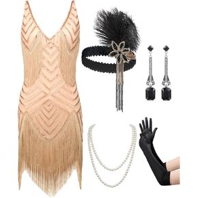 Sweetv Womens 1920s فستان الزعنفة ، V الرقبة Gatsby Gatsby Fringe Cocktail Dress مع 20s ملحقات مجموعة 20S