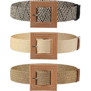 3 Pieces Straw Woven Belt Elastic Stretch Belt Boho Waist Belt Skinny Dress Braided Belt Wooden Buckle for Women