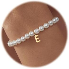 Gold Pearl Initial Bracelets for Women, 14K Gold Plated Dainty Bracelet with Letter Charm, Monogram Bracelet Gifts for Her, Trendy Jewelry for Women