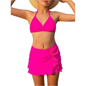 SweatyRocks Girl's Ruffle 3D Floral Halter Swimsuit Ruched 3 Piece Bathing Suit with Beach Skirts