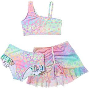 Floerns Toddler Girl's 3 Piece Bikini Set Cheetah Print Ruffle Trim Asymmetrical Swimsuit with Beach Skirt