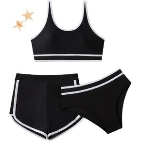 SEGT Girl's 3 Piece Bikini Set with Quick Dry Sporty Shorts Bathing Suit and 2 Pcs Starfish Hair Clip