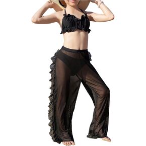 MakeMeChic Girl's 3 Piece Bikini Sets Halter Backless Ruffle Swimsuit with Mesh Sheer Cover Up Pants