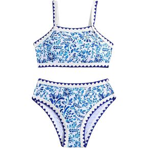 Girl's 2 Piece Bikini Set Porcelain Print Swimsuit Floral Full Coverage Bathing Suit Teens Girls