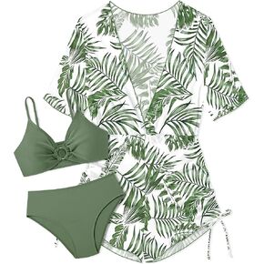 Girls Swimsuit 3 Piece Bathing Suit Ring Linked Bikini Set with Quick Dry Cover Up Girls' Swimwear for 9-16 Years