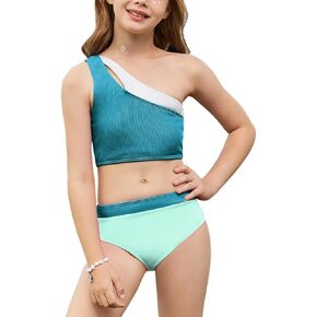 Mirawise Girls Swimsuit One Shoulder Metallic Patchwork Neckline Bathing Suit 2 Piece Bikini