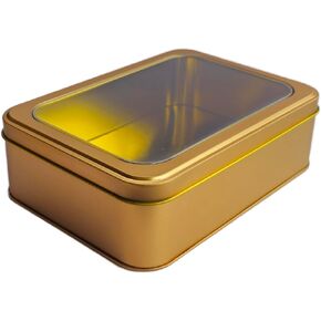 Gold Metal Tin Box With Clear Lid – Multipurpose Tin Storage Container for Cookies,Jewelry, Crafts, Pills, Gifts, Pencils and More - 7.25 x 5.25 x 2.25 Inches