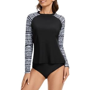 Women's Long Sleeves Rash Guard Swimsuits Swim Shirts UPF 50 Sun Protection Two Piece Swimsuits with Built in Bra